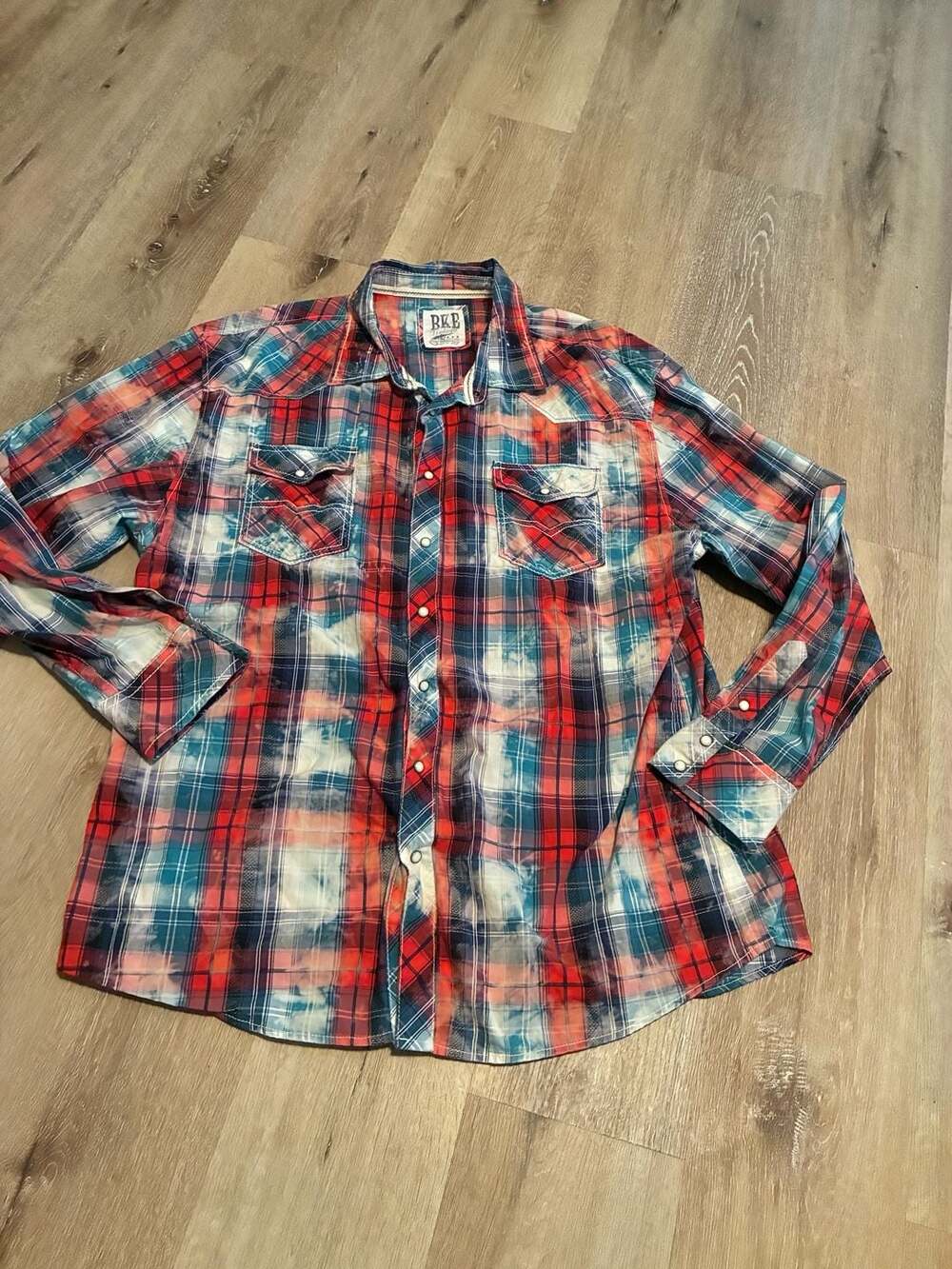 BKE Vintage Plaid Western Shirt Size XXXL Athletic Fit Bleach Wash Snap